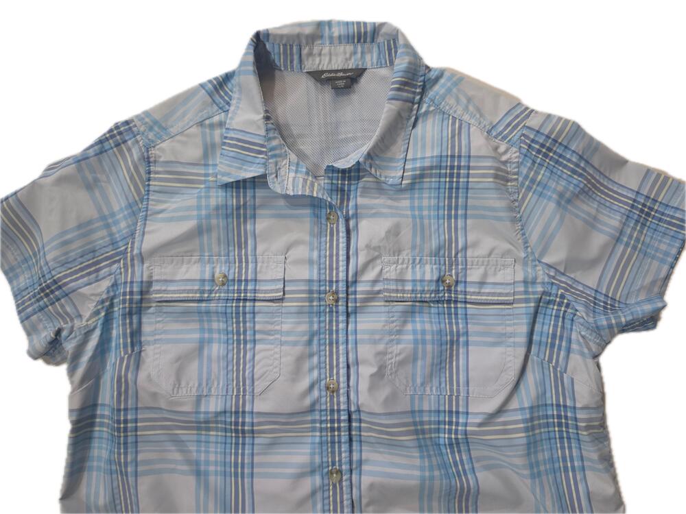 Eddie Bauer Shirt Womens L Blue Gray Plaid Button Up Microfiber Quick Dry - Picture 3 of 6